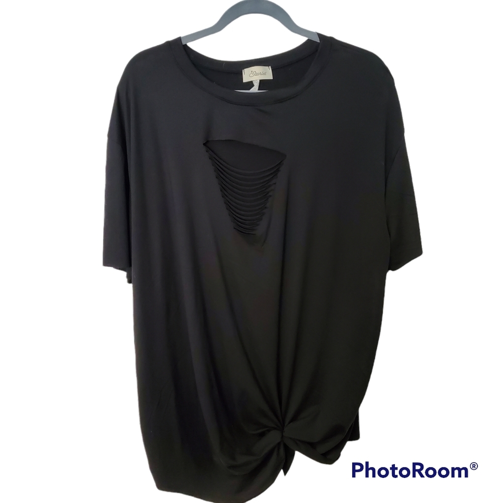 72. Starlet women's black t-shirt with a knot and shredded window